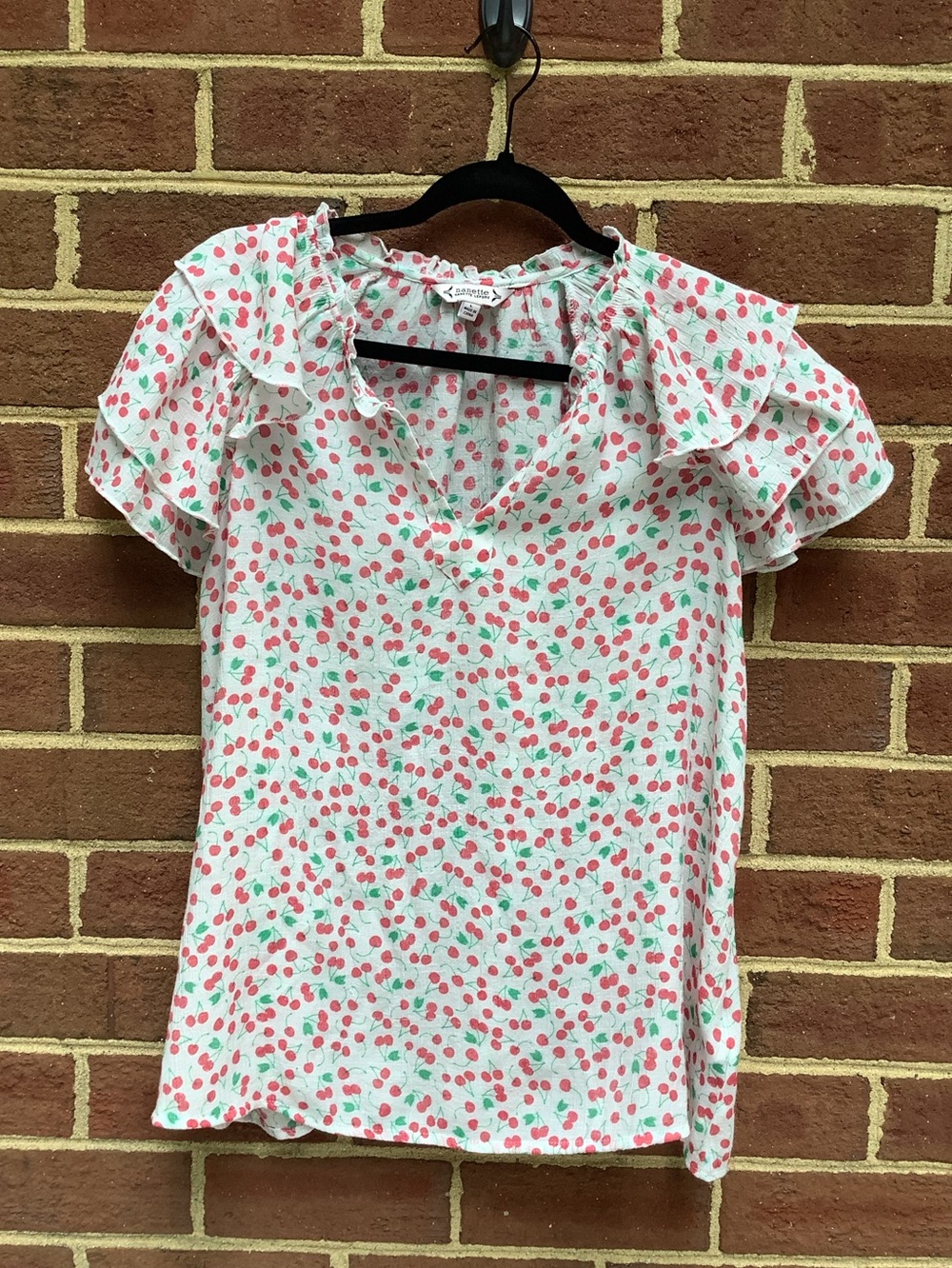 EUC Nanette Lepore Cherry Print Lightweight Ruffle Sleeve Split Neck L